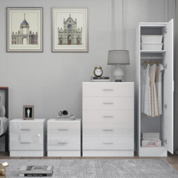Reflect 1 Door Plain Wardrobe, 5 Drawer Chest, 2X 2 Drawer Bedsides - White Gloss & Matt White - Modern Bedroom Furniture Set - thumbnail 4