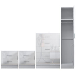 Reflect 1 Door Plain Wardrobe, 5 Drawer Chest, 2X 2 Drawer Bedsides - White Gloss & Matt White - Modern Bedroom Furniture Set - thumbnail 5