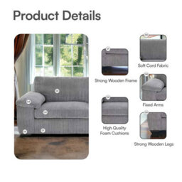 BlissFurniture Ltd Jumbo Cord Amalfi 3 Seater Sofa Stylish And Spacious Sofa For Modern Living Rooms Soft Cushions & Cozy Soft Cord Fabric In Grey - thumbnail 3