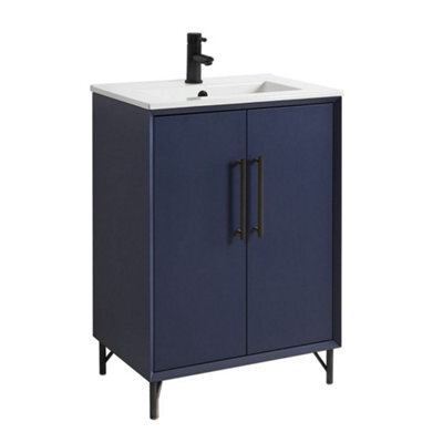 Homestylestore Navy Blue 610mm Bathroom Vanity Unit With Basin And Black T Bar Handle - image 1
