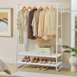 Songmics Vasagle Clothing Rail, Bedroom Rack With 6 S-Shaped Hooks, Steel Frame And Dual Shelves, Cloud White And Matte White