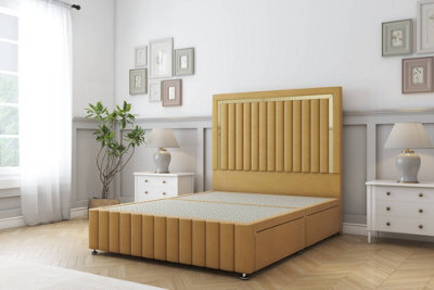 "Sloomy Boston Gold Mustard Plush Divan Bed 2 Drawers Left Side-26"" Strutted Headboard 12"" Footboard 4' Small Double" - image 1