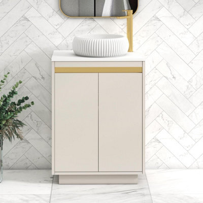 Royal Bathrooms Orion 600mm Warm Taupe Floor Standing Plain White Countertop Vanity Unit 2 Door With Milan Basin & Brushed Brass Accent Trim - image 1