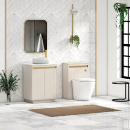 Royal Bathrooms Orion 600mm Warm Taupe Floor Standing Plain White Countertop Vanity Unit 2 Door With Milan Basin & Brushed Brass Accent Trim - thumbnail 3