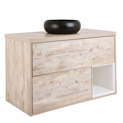 Homestylestore Light Oak 1000mm Wall Hung Bathroom Vanity Unit With Round Countertop Basin And Graphite Basin - image 1