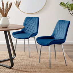 Furniturebox Set Of 2 Dining Chairs - Pesaro Modern Dining Chairs - Navy Velvet Chrome Leg Dining Chairs - Kitchen Dining Room Chairs
