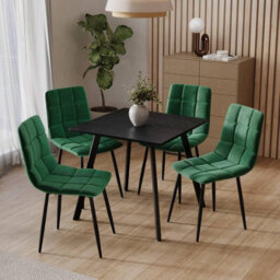 Urbn-Living Urbnliving 80Cm Black Wood Square Table With 4 Green Velvet Chairs - thumbnail 2
