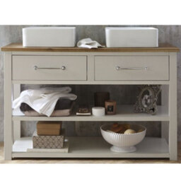 Homestylestore Antique White And Oak 1215mm Bathroom Vanity Unit With Two Square Countertop Basins And Chrome T Bar Handles - thumbnail 1