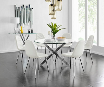 Furniturebox Uk Novara Chrome Metal And Glass Large Round Dining Table And 6 White Corona Silver Chairs Set - image 1