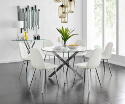 Furniturebox Uk Novara Chrome Metal And Glass Large Round Dining Table And 6 White Corona Silver Chairs Set