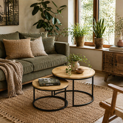 Wyld Haus Mova Set Of 2 Light Natural Wood-Effect Nesting Tables - Round Matt Mdf Tops, Steel Hairpin Legs - image 1