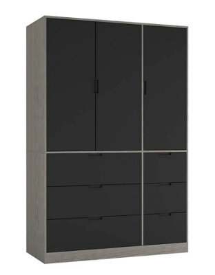 Urbn-Living Urbnliving Wooden 3 Door 6 Drawer Wardrobe Bedroom Storage Closet Shelves Hanging Rail Cedar Grey Unit Black Doors Drawers - image 1