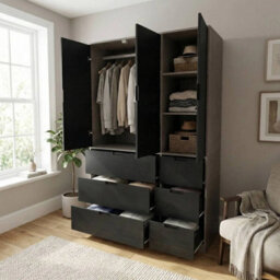Urbn-Living Urbnliving Wooden 3 Door 6 Drawer Wardrobe Bedroom Storage Closet Shelves Hanging Rail Cedar Grey Unit Black Doors Drawers - thumbnail 4