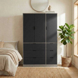 Urbn-Living Urbnliving Wooden 3 Door 6 Drawer Wardrobe Bedroom Storage Closet Shelves Hanging Rail Cedar Grey Unit Black Doors Drawers - thumbnail 3