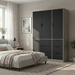 Urbn-Living Urbnliving Wooden 3 Door 6 Drawer Wardrobe Bedroom Storage Closet Shelves Hanging Rail Cedar Grey Unit Black Doors Drawers - thumbnail 2