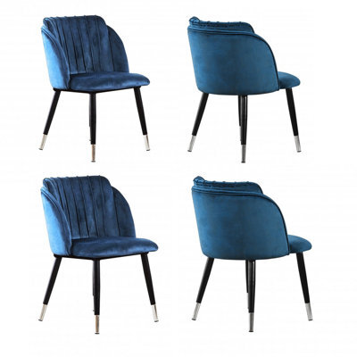 Life Interiors Set Of 4 Blue Milano Velvet Dining Chairs With Stylish Ribbed Back Design, Black Metal Legs With Silver Tips - image 1