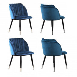 Life Interiors Set Of 4 Blue Milano Velvet Dining Chairs With Stylish Ribbed Back Design, Black Metal Legs With Silver Tips - thumbnail 1