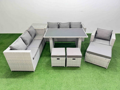 Fimous Patio Garden Furniture Sets With Black Glass Top Dining Table 3 Seater Sofa Armchair Side Table 3 Stool Light Grey - image 1