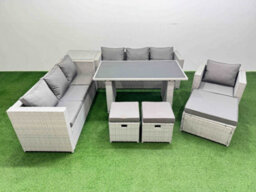 Fimous Patio Garden Furniture Sets With Black Glass Top Dining Table 3 Seater Sofa Armchair Side Table 3 Stool Light Grey