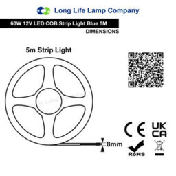 Long Life Lamps Company 12W Led Tape Strip Light Ip65 Continuous Cob Illumination 5M 12V Blue - thumbnail 2