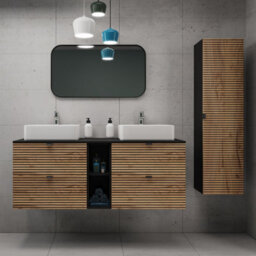 Heze Furniture Loft Modern Style Ribbed Door Bathroom Cabines Vanity Units Set With Worktop 140Cm & 35Cm - Gold Craft Oak
