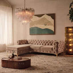 Monaco Chesterfield 3 Seater Chaise Sofa Mink Velvet L Shaped Corner Chaise- Left Hand Deep Buttoned Upholstery Couch Lounge