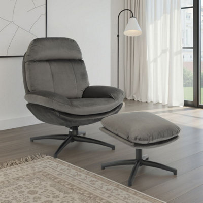 Velvet Dark Grey Brenna Swivel Armchair With Footstool - image 1