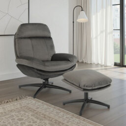 Velvet Dark Grey Brenna Swivel Armchair With Footstool - thumbnail 1