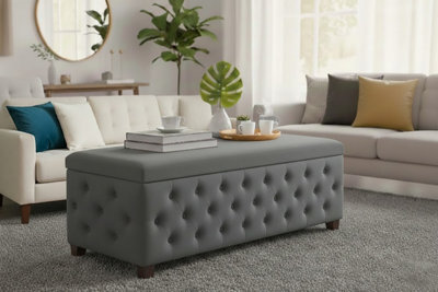 120Cm Wide Empire Ottoman Storage Box With Legs, Grey Velvet Chesterfield Upholstered Ottoman Footstool Coffee Table - image 1