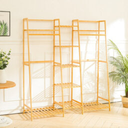 Bamboo Trapezoid Clothes Rack Clothes Hanging Rack Stand With 5 Tiers Storage Shelves - thumbnail 3