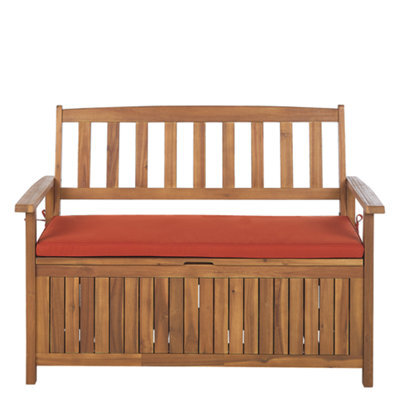 Beliani Garden Bench With Cushion Sovana 120 Cm With Storage Acacia Wood Red - image 1