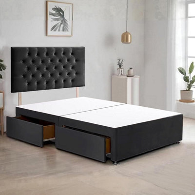 Black Plush Fabric 6Ft Super King Bed Frame With 20 Inch Chesterfiled Headboard And 2 Drawers - image 1