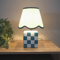 Valuelights Evie Pair Of - Forest Green Cube Checkered Base Ceramic Table Lamp With Scallop Tapered Shade - Led Bulbs Included