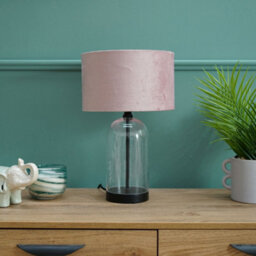 Valuelights Jessy Glass And Black Metal Bedside Table Lamp With A Blush Pink Velvet Lampshade - Bulb Included