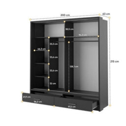 Arte Lux V - Black Sliding Door Mirrored Wardrobe With Shelves And Drawers (H2150mm W2000mm D600mm) - thumbnail 4