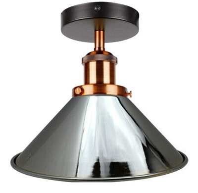 Industrial Flush Mount Lighting E27 Metal Ceiling Light Fixture For Kitchen, Hallway, Bedroom 22Cm Chrome Cone Lampshade No Bulb - image 1