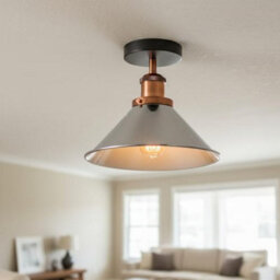 Industrial Flush Mount Lighting E27 Metal Ceiling Light Fixture For Kitchen, Hallway, Bedroom 22Cm Chrome Cone Lampshade No Bulb - thumbnail 2