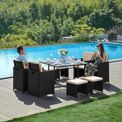 LEDREM Garden Furniture Set Dining Table And Chairs, Set Of 9 Pe Rattan Outdoor Patio Furniture, Black And Beige - image 1
