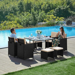 LEDREM Garden Furniture Set Dining Table And Chairs, Set Of 9 Pe Rattan Outdoor Patio Furniture, Black And Beige - thumbnail 1