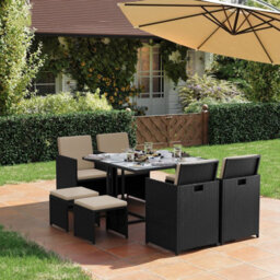 LEDREM Garden Furniture Set Dining Table And Chairs, Set Of 9 Pe Rattan Outdoor Patio Furniture, Black And Beige - thumbnail 4