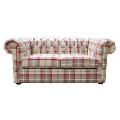 Chesterfield Handmade Tartan 2 Seater Sofa Balmoral Cranberry Fabric In Classic Style - image 1