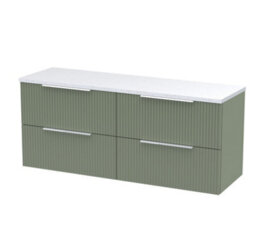Hudson Reed Fluted Wall Hung 4-Drawer Vanity & Sparkling White Laminate Worktop, Counter Top Vanity Unit In Satin Green, 1200mm