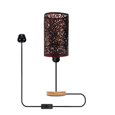 Bedside Table Lamp With Wooden Base And Cage Lampshade Bedroom Light Rustic Red - image 1