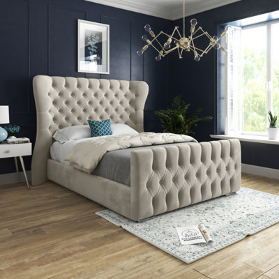 Parma Wide Curved Winged Upholstered Soft Velvet Bed Frame - Cream - image 1