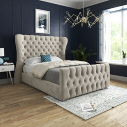 Parma Wide Curved Winged Upholstered Soft Velvet Bed Frame - Cream - thumbnail 1