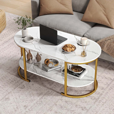 Table 2-Tier Living Room Center Table With Storage-White Oval Coffee - image 1