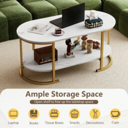 Table 2-Tier Living Room Center Table With Storage-White Oval Coffee - thumbnail 5