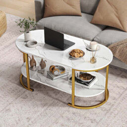 Table 2-Tier Living Room Center Table With Storage-White Oval Coffee - thumbnail 1