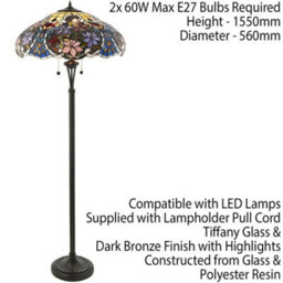1.5M Tiffany Twin Floor Lamp Dark Bronze & Floral Stained Glass Shade I00027 - thumbnail 2