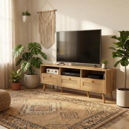 Swish Furniture Manila Oak & Rattan 3 Drawer Tv Unit Stand Cabinet Living Room Storage Furniture Media Unit - thumbnail 1